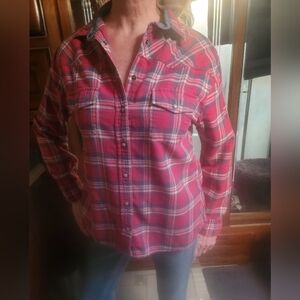 Jacks Girlfriend Red/Blue Plaid Pearl Snap Light Flannel Top Size L